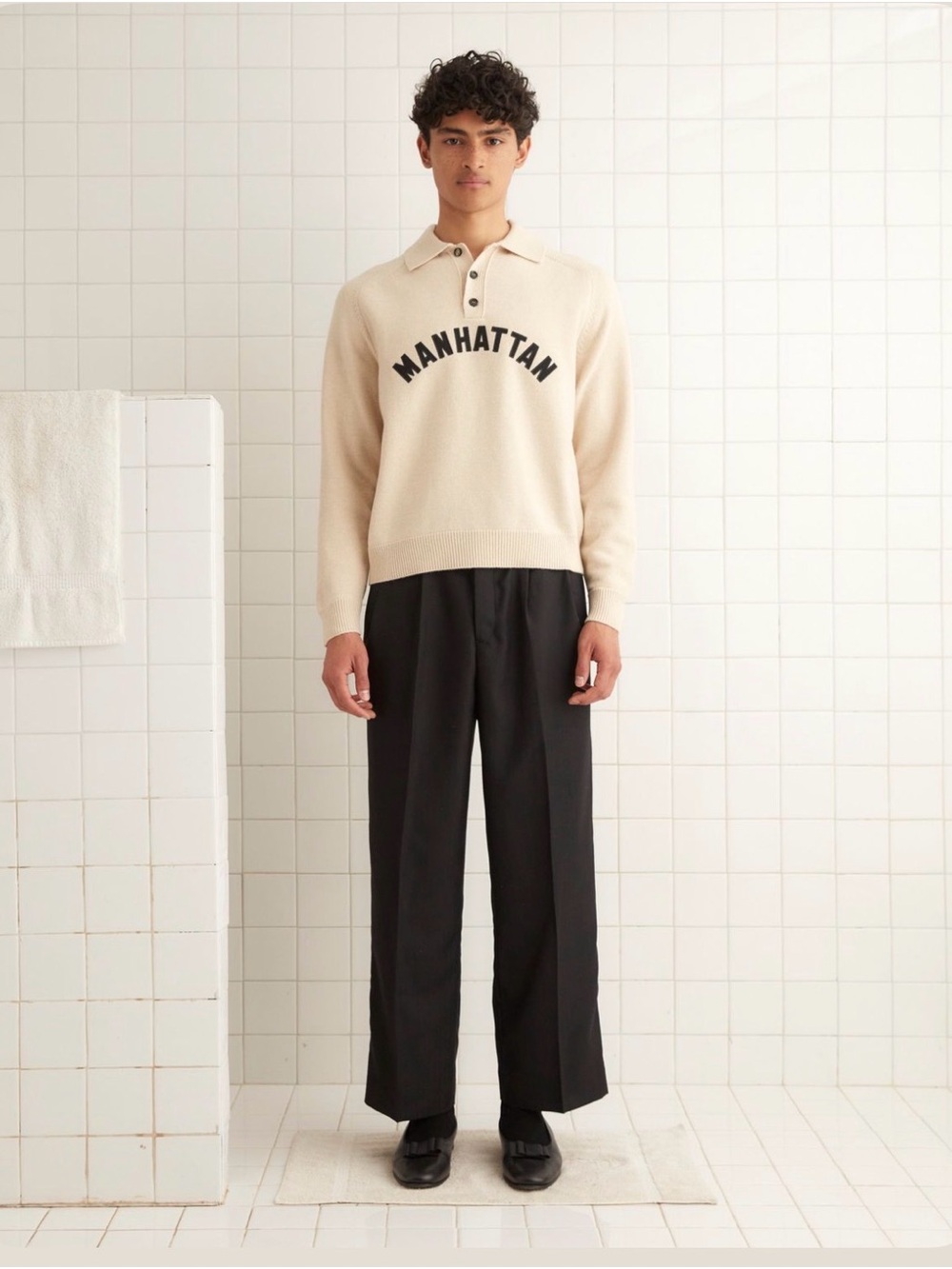 Bode Manhattan Wool Polo Sweater in Cream Size Medium